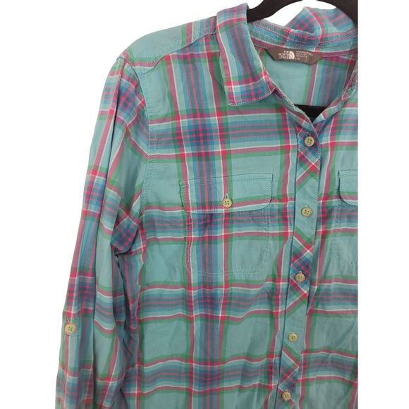 The North Face Plaid Button Front Shirt Large Womens Blue Pink Long Sleeve Roll - Picture 3 of 6